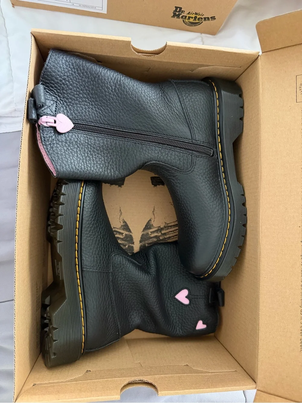 Dr. Martens Kids Black Leather Boots with Pink Heart Accents